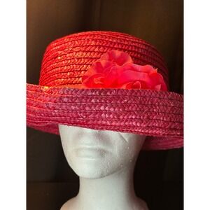Vintage Magenta Pink Straw Sun Hat Wide Brim Floral‎ Ribbon Accent Summer Beach